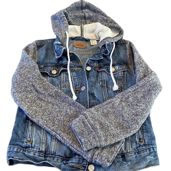 🌺LEVI'S Legacy Hybrid Trucker Denim/Sweatshirt Sleeve Hooded Jacket Size Medium🌺 - Picture 3 of 7